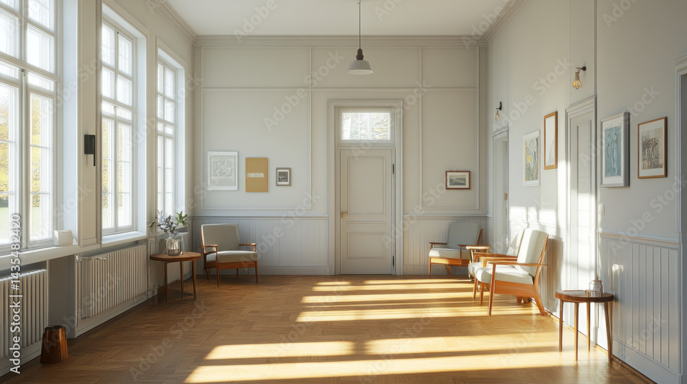 Fototapeta premium Sunlit Hallway: A bright and airy hallway bathed in sunlight, featuring hardwood floors, large windows, and comfortable armchairs. The space exudes a sense of calm and tranquility.