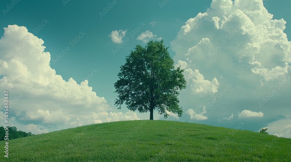 Obraz premium A lone tree stands on a grassy hill, surrounded by a vast expanse of green grass and a clear blue sky.