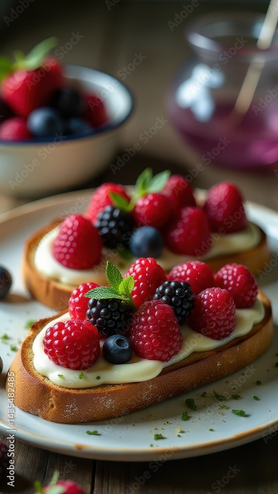 Delicious open-faced toast topped with fresh raspberries, blueberries, and blackberries on creamy spread, garnished with mint leaves Delicious open-faced toast topped with fresh raspberries, blueberries, and blackberries on creamy spread, garnished with mint leaves
