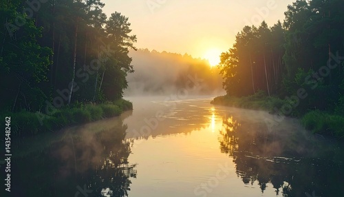 Wallpaper Mural A mystical fog-covered river winding through a dense forest, its surface reflecting the warm glow of sunrise.  Torontodigital.ca