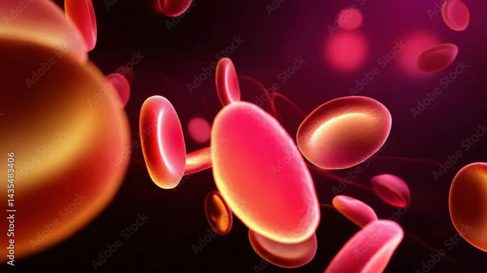 Gradient style image of red blood cells flowing in a vessel, showing hemoglobin delivering oxygen for energy and health in the human body
