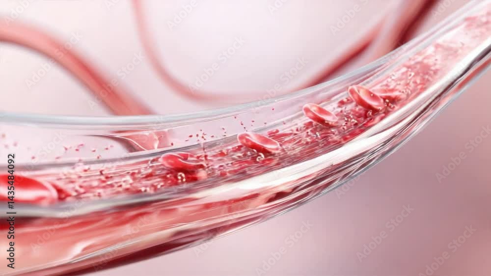 Curved blood vessel filled with red blood cells flowing inside, transporting oxygen and hemoglobin that support body energy and healthy function