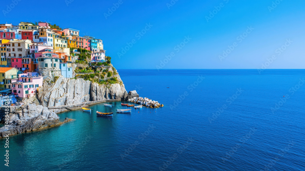 Naklejka premium Colorful Houses on Cliffs Overlooking Calm Blue Sea in Coastal Town under Clear Sky