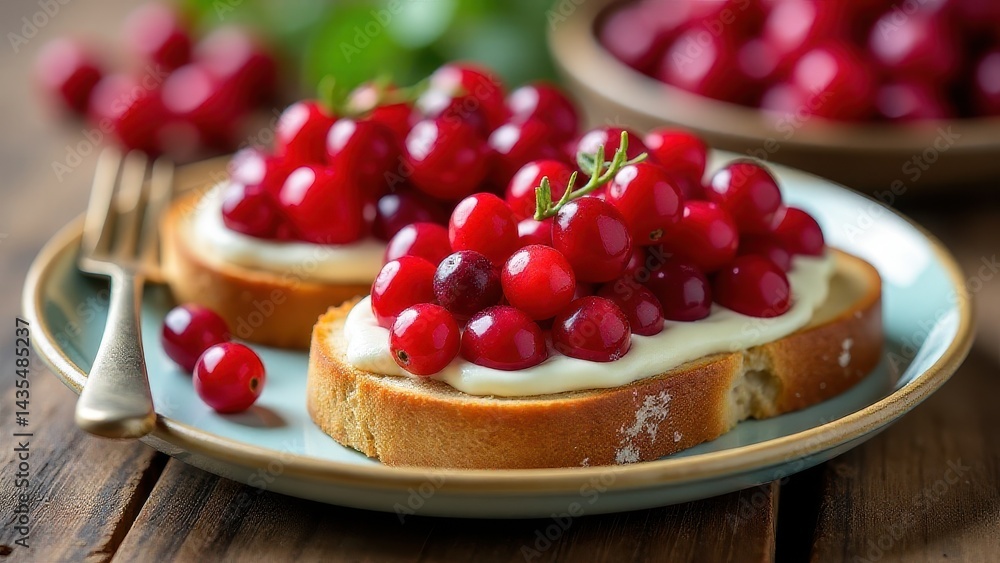 A slice of bread topped with creamy cheese and vibrant red cranberries garnished with mint leaves sits on a rustic wooden table A slice of bread topped with creamy cheese and vibrant red cranberries garnished with mint leaves sits on a rustic wooden table