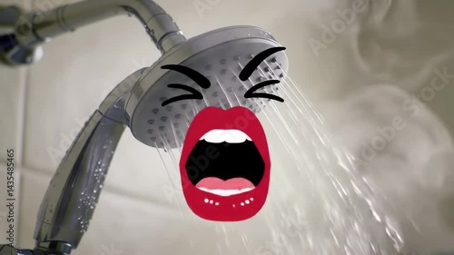 Funny Cartoon Face on Shower Head Singing with Water Spray Loop