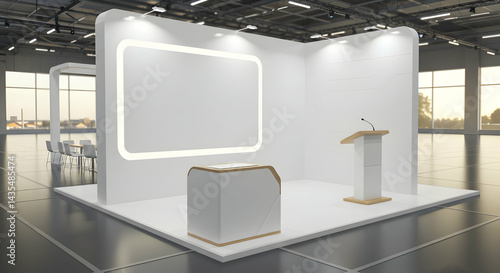 Blank Indoor Exhibition Stand with Podium and Meeting Area