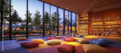 Fototapeta Naklejka Na Ścianę i Meble -  Modern library with outdoor views and seating area for children