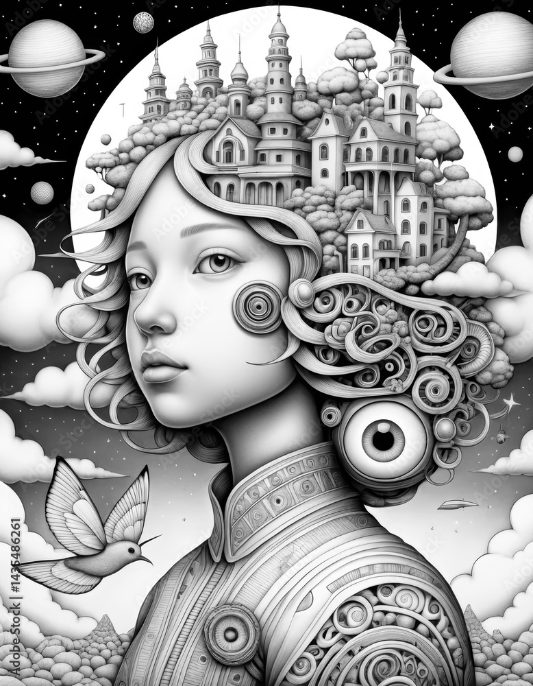 Surreal Portrait Coloring Page Illustration