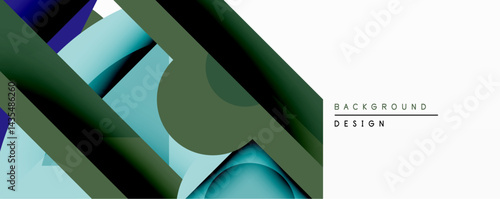 Abstract geometric composition. Overlapping shapes create layered effect. Cool greens, blues dominate design. Minimalist style, modern aesthetic. Clean lines, simple forms.