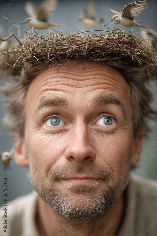 Thoughtful man with a bird's nest on his head and small birds around, symbolizing unexpected thoughts, creative ideas, or a connection with nature