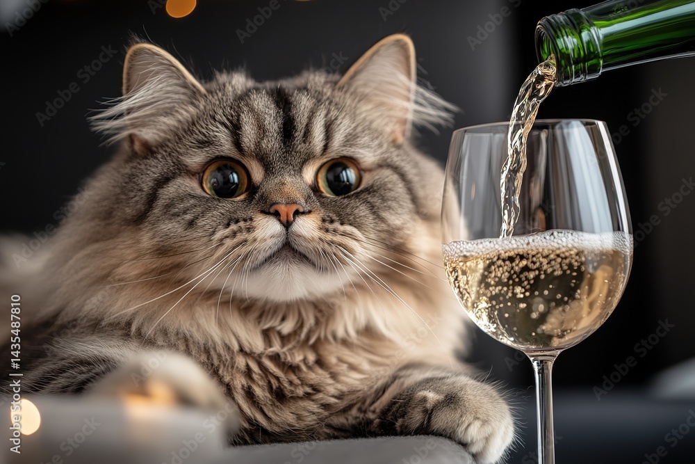 Thoughtful gray cat with yellow eyes watches red wine being poured into a glass on a wooden bar counter against a blurred background of bottles, creating a humorous and unexpected scene