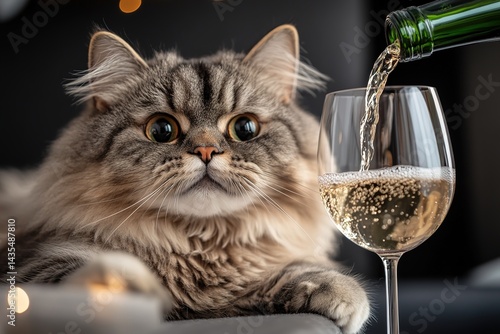 Obraz na płótnie Thoughtful gray cat with yellow eyes watches red wine being poured into a glass on a wooden bar counter against a blurred background of bottles, creating a humorous and unexpected scene w salonie