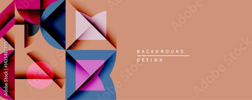 Abstract geometric composition. Shapes overlap, creating dynamic visual effect. Warm peach background complements cool blues, pinks, purples. Modern design element.