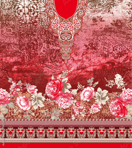 A richly patterned textile featuring vibrant red hues, floral motifs, and intricate lace-like designs at the neckline and border.