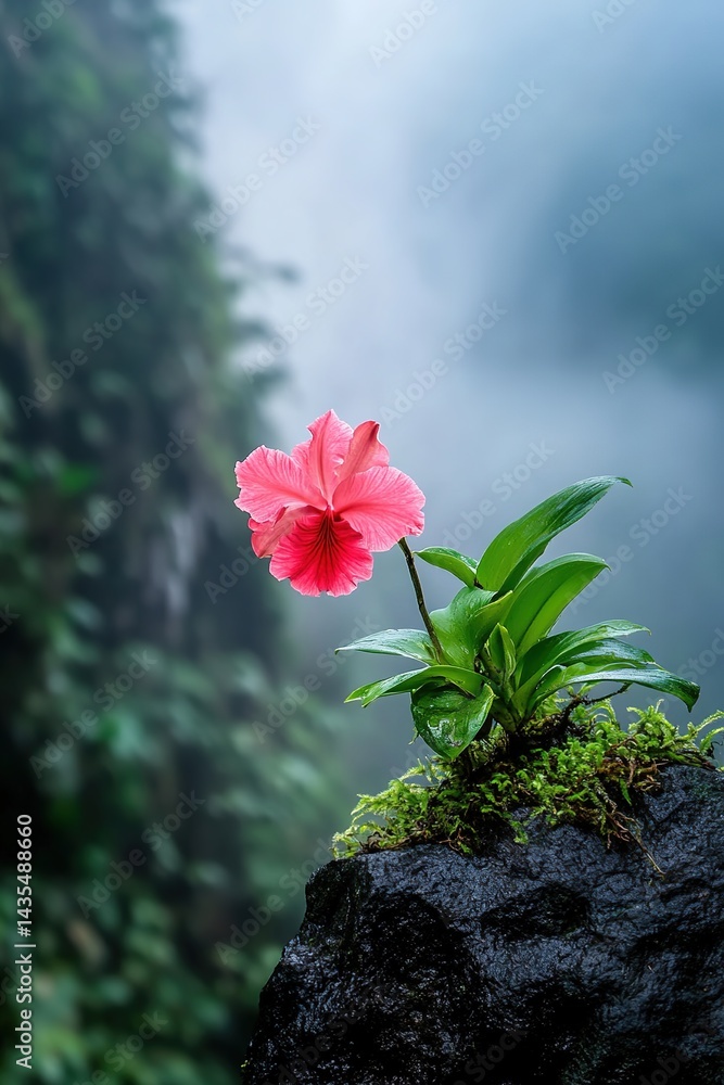 Delicate pink hibiscus flower with raindrops blooms on a dark rocky surface against a blurred background of a humid tropical forest, symbolizing resilience, beauty, and tropical freshness