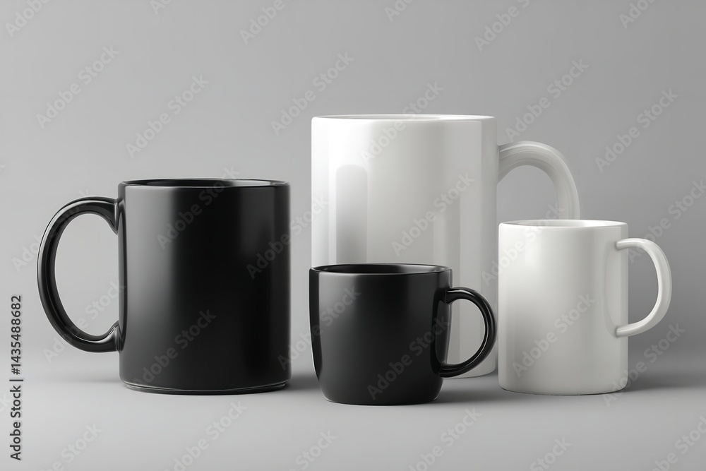 Black and White Mug Mockup Set on Grey Background – 3D Rendering for Branding and Design Presentation Black and White Mug Mockup Set on Grey Background – 3D Rendering for Branding and Design Presentation