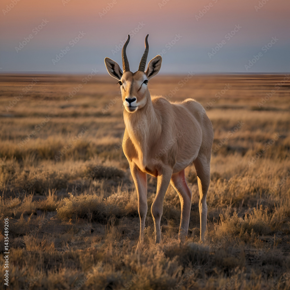 Fototapeta premium Majestic Saiga Antelope at Dusk: A Wild Run Across