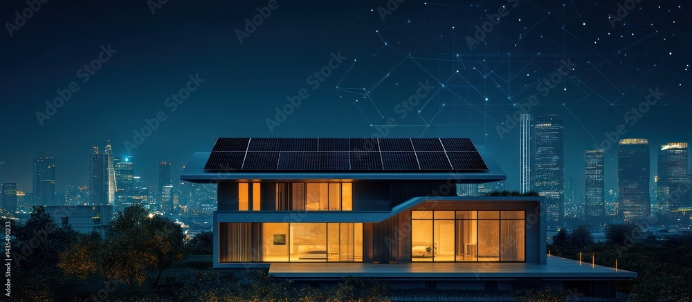 Obraz premium Modern Smart Home at Night with Solar Panels Cityscape