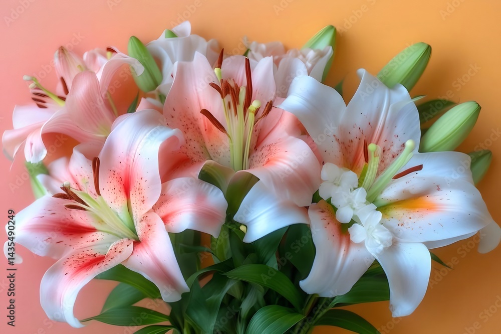 ピンクと白のユリの花束 オレンジとピンク色のグラデーション背景 鮮やかな花のクローズアップ ピンクと白のユリの花束 オレンジとピンク色のグラデーション背景 鮮やかな花のクローズアップ