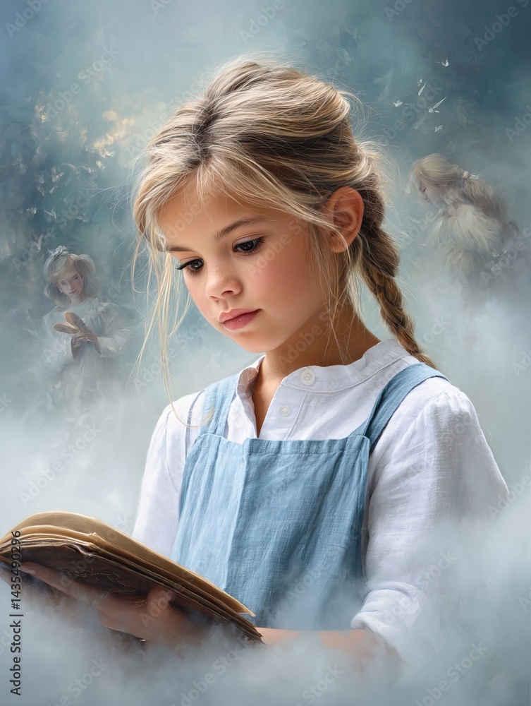 a little girl with fair hair attentively reads an open book, surrounded by blurred fairytale images that seem to come to life from the pages, symbolizing the power of imagination