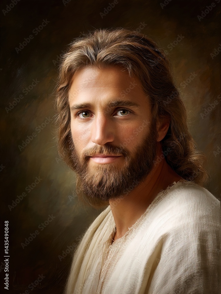 Portrait of Jesus Christ with a pensive gaze, long brown hair, and a beard against a muted background, symbolizing his spirituality, wisdom, and compassion for humanity