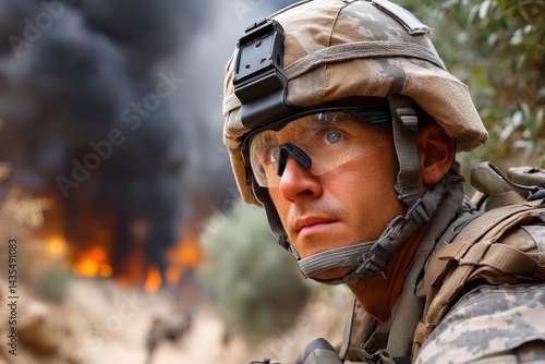 close-up of a soldier's face in a helmet against a backdrop of bright flames and smoke, symbolizing war, courage, and inner conflict