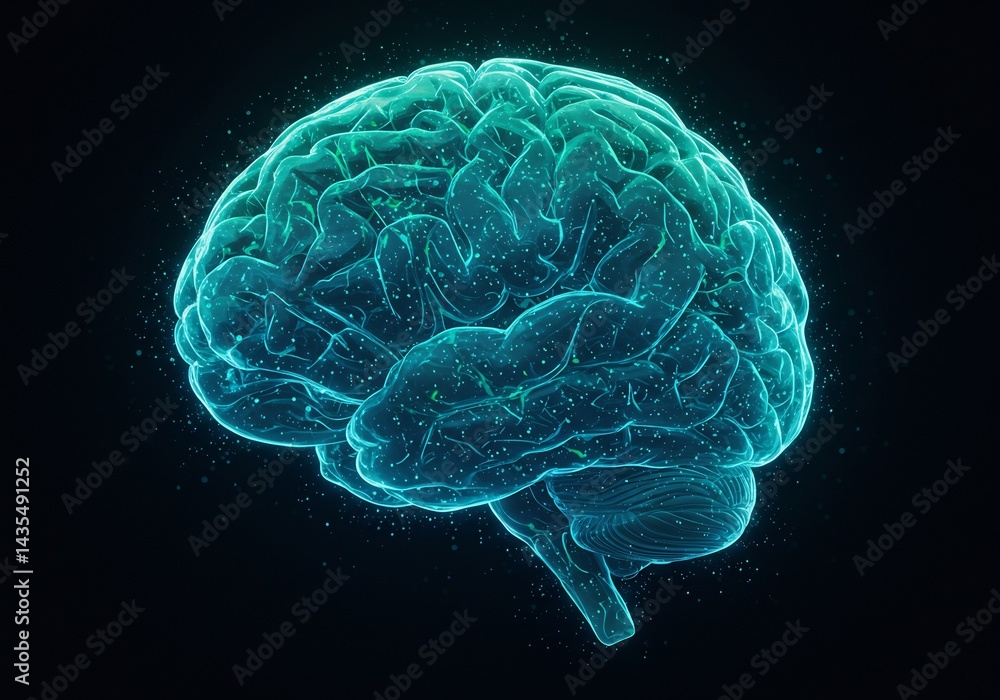 Obraz premium Glowing Teal Human Brain Digital 3D Model