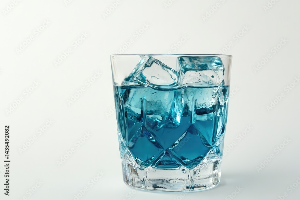 Vibrant blue drink in a cut-glass rocks glass with ice Vibrant blue drink in a cut-glass rocks glass with ice