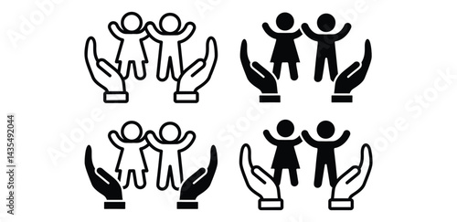 Icon of Two Children Held by Protective Hands Black and White Color Vector Design
