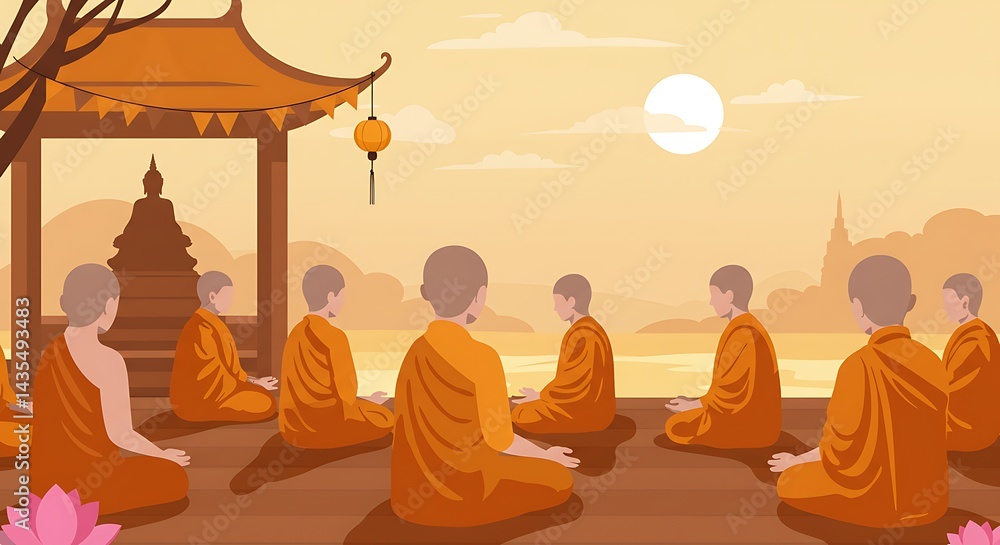 Fototapeta premium Serene Buddhist Monks Meditating at Sunrise by the Lake