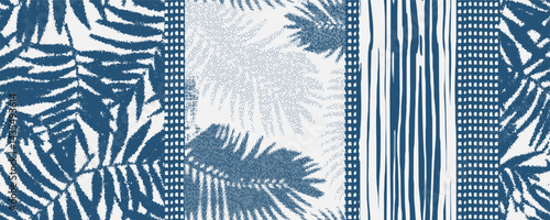 Abstract seamless pattern with tropical flowers leaves silhouette, line drawing. Hand drawn retro styled vector illustration for fabric, wrapping texture, textile, wallpaper, cool graphic art