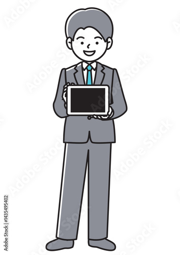 タブレット端末を持って画面を見せるビジネスマンの正面向きベクターイラスト