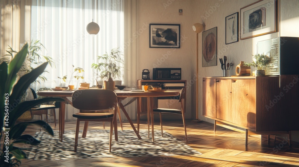 An inviting and naturally lit mid century style dining room setting An inviting and naturally lit mid century style dining room setting