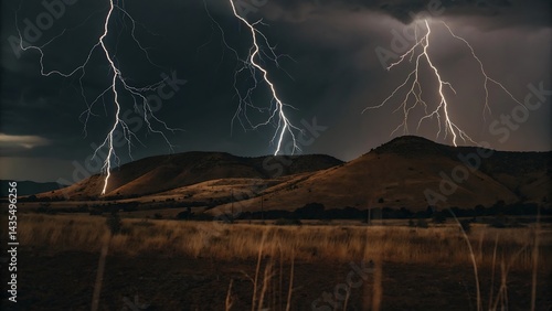 A da rk blue pre storm sky with thick, hea vy ra in clouds covering the entire scene. Two bright white lightning bolts strike down towa rds the da rk ground