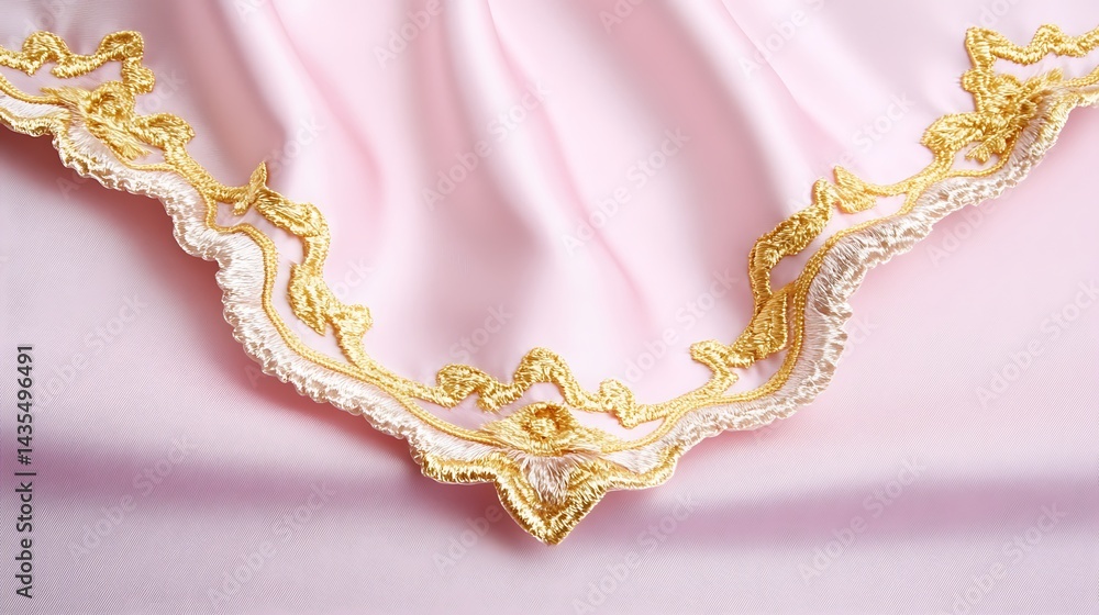 Fototapeta premium Pink fabric with gold embroidery detail.