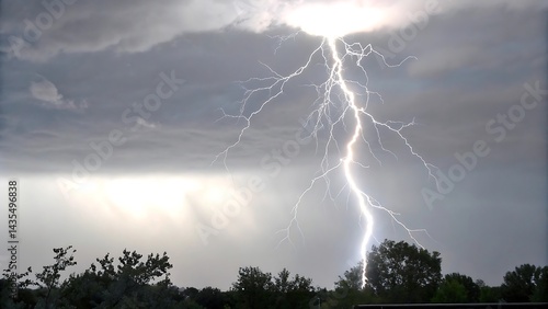 A photogra ph of a nighttime thunderstorm over a va lley