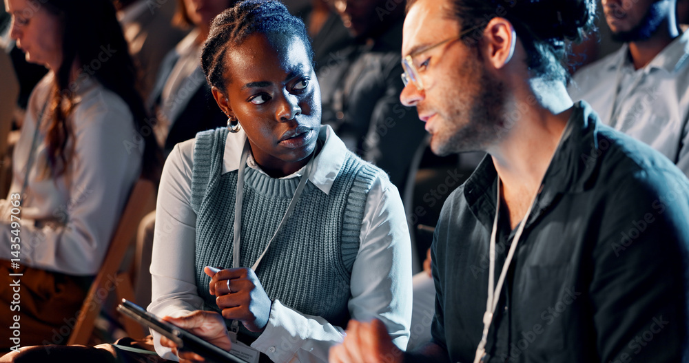Business people, audience and talking with tablet at convention for corporate training or learning. Finance expo, group and forum speech at team building event for career development and networking