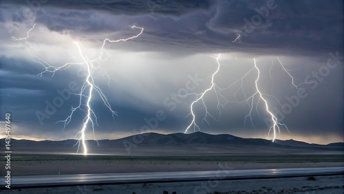 A photogra ph of a nighttime thunderstorm over a desert la ndsca pe