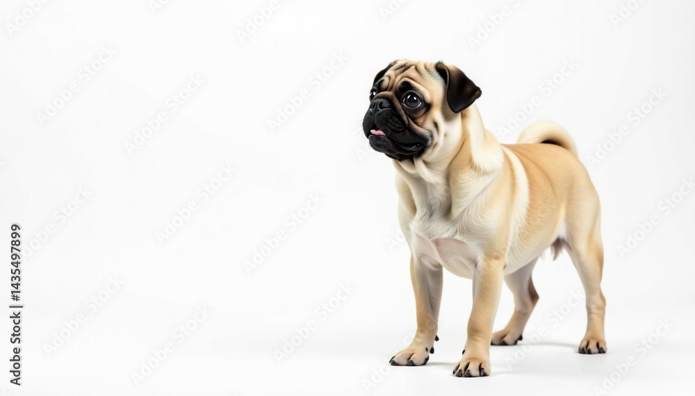 Obraz premium Playful pug, standing, gazing, pure white backdrop, animal, playful, closeup