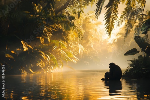 A monkey sits at the edge of a body of water in a lush jungle with golden light shining through