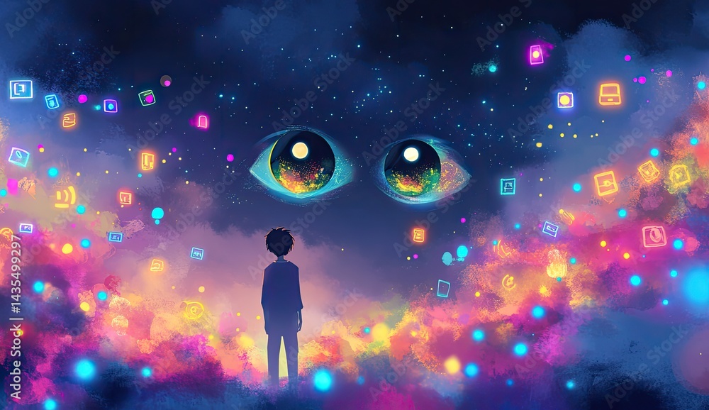 Obraz premium Boy gazes at giant eyes amidst vibrant, digital nebula