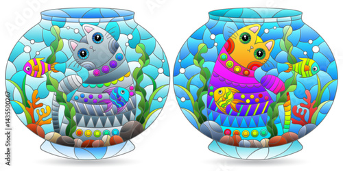 A set of stained glass illustrations with cats and an aquarium, animals isolated on a white background