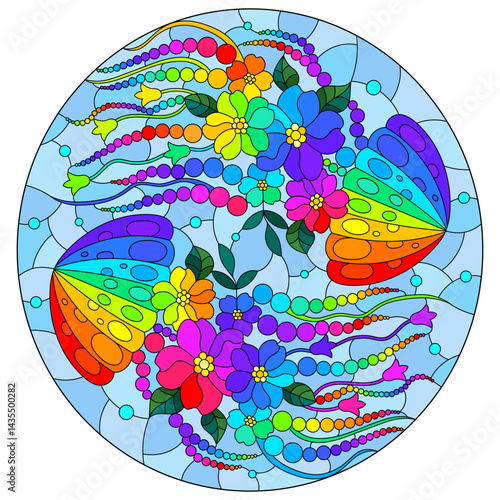 A stained glass illustration with an abstract jellyfishes in flowers on a water background, oval image