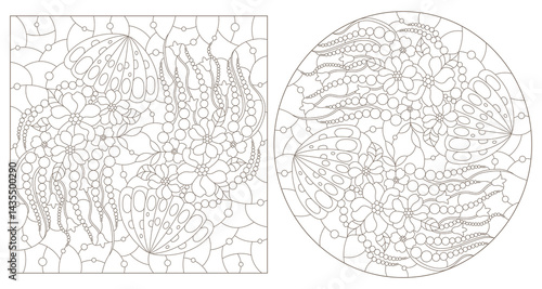 A set of contour illustrations in the style of a stained glass window with jellyfish, dark contours on a white background