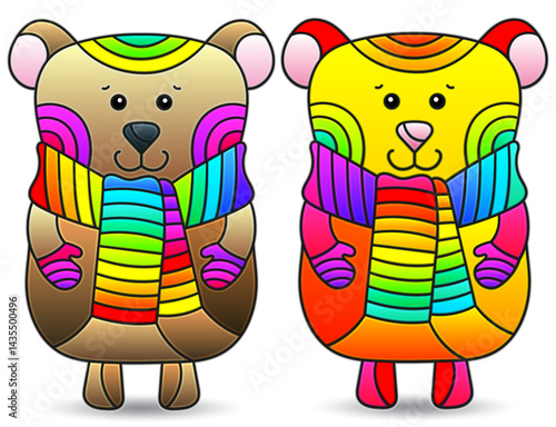 A set of stained glass illustrations on the theme of Christmas and New Year with cute toy bears