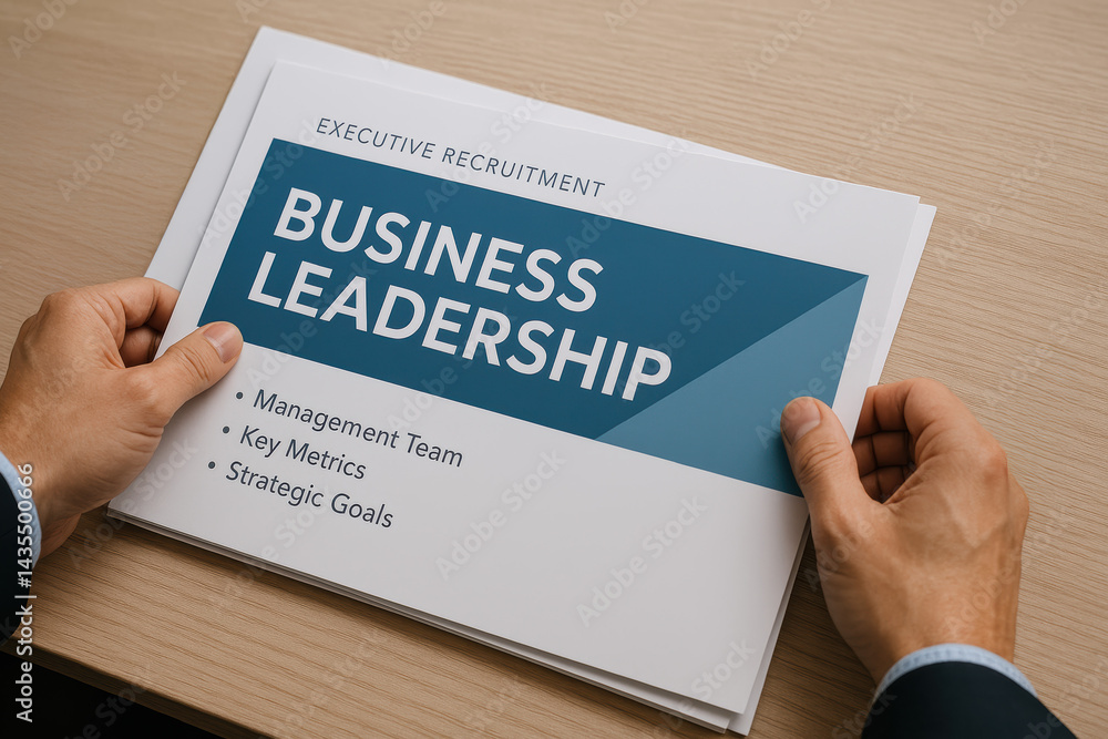 An individual reviews a document titled 'business leadership' which outlines management strategies and key metrics for achieving strategic goals An individual reviews a document titled 'business leadership' which outlines management strategies and key metrics for achieving strategic goals