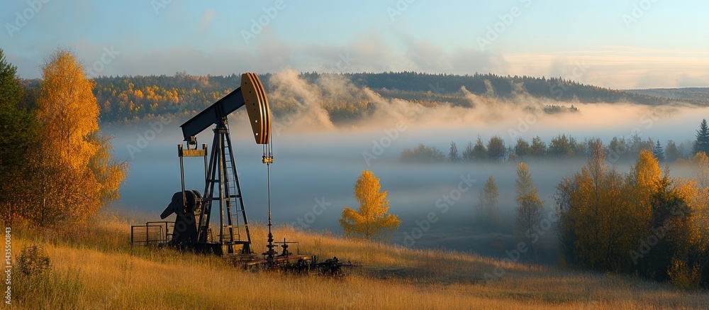 Naklejka premium Oil pump jack in autumn mist