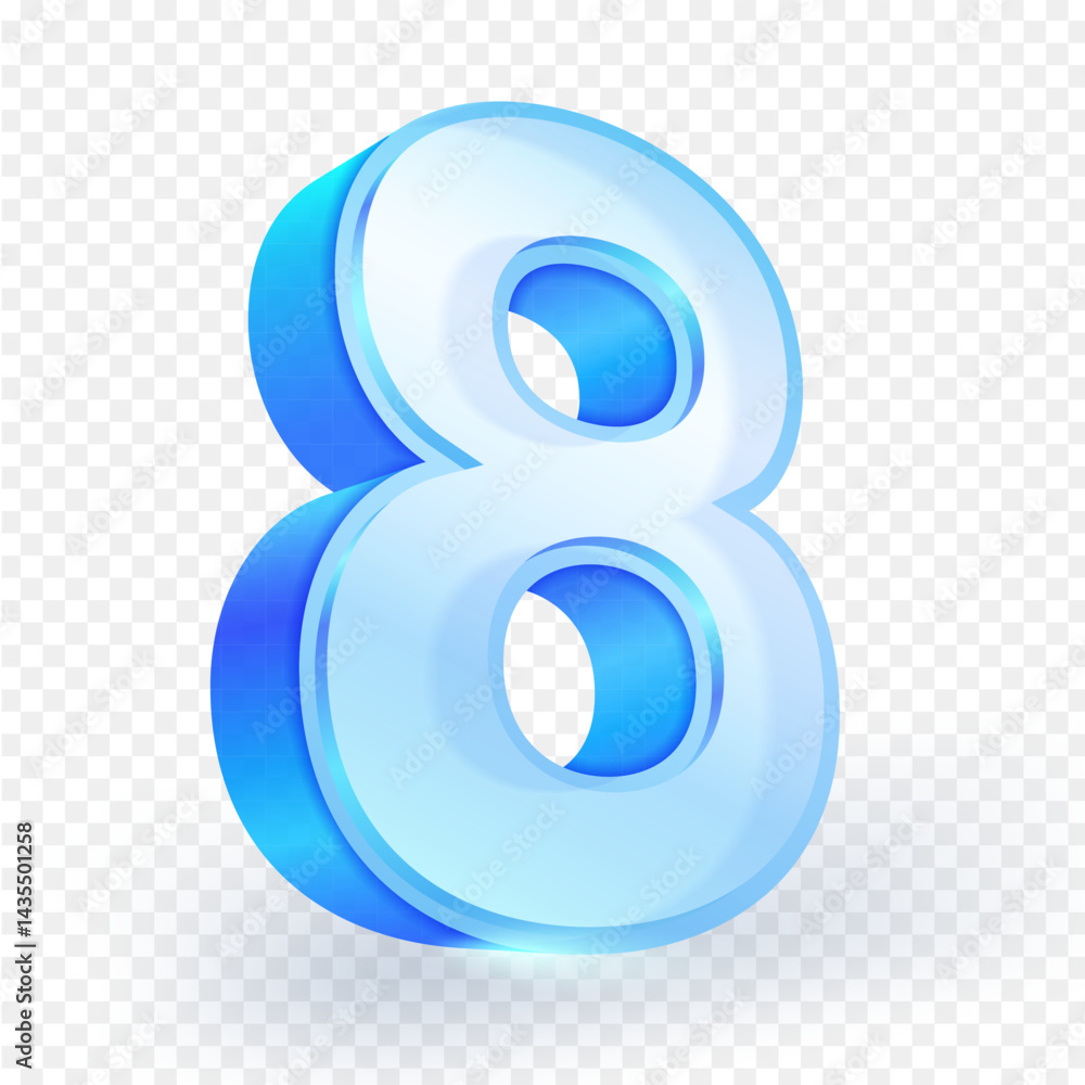 3D Blue Number 8 in blue glass with a smooth glossy texture, Isolated on a transparent background. Modern projects, education, birthday, anniversary and promotional content. Vector illustration. 3D Blue Number 8 in blue glass with a smooth glossy texture, Isolated on a transparent background. Modern projects, education, birthday, anniversary and promotional content. Vector illustration.