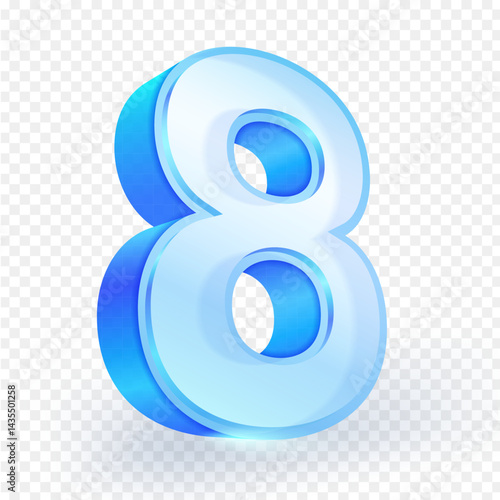 3D Blue Number 8 in blue glass with a smooth glossy texture, Isolated on a transparent background. Modern projects, education, birthday, anniversary and promotional content. Vector illustration.
