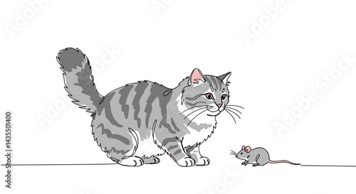 Gray cat with playful mood observing a mouse on white background